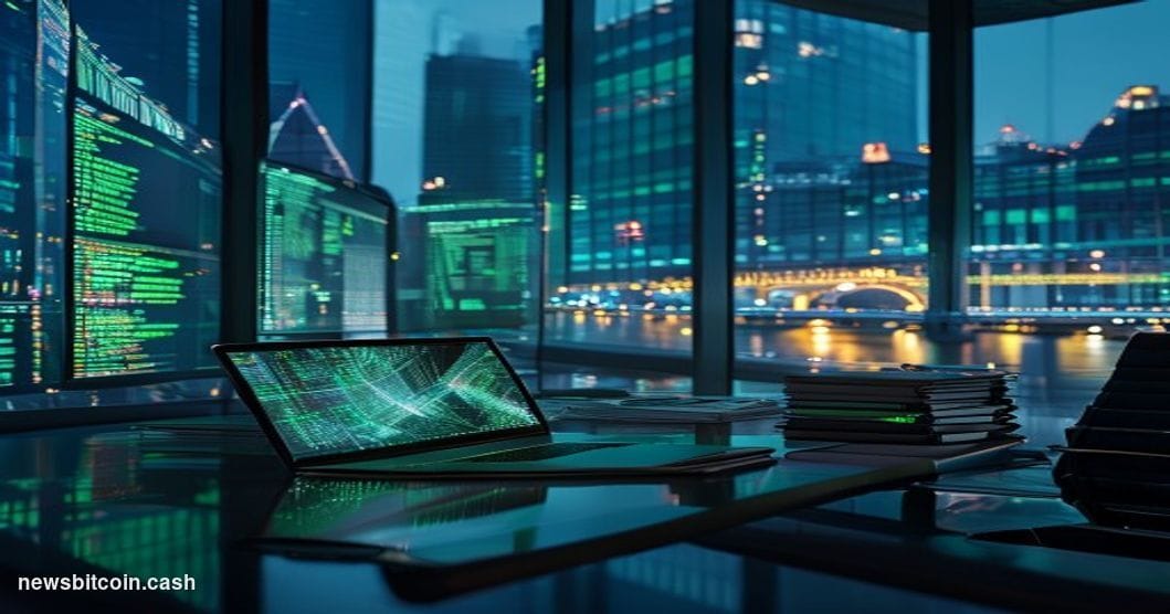 Cinematic photorealistic editorial photograph of a sleek fintech trading floor environment at night, dominated by large curve