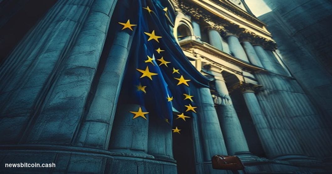 Cinematic photorealistic editorial photograph shot at ground level looking up at the imposing neoclassical facade of the Euro