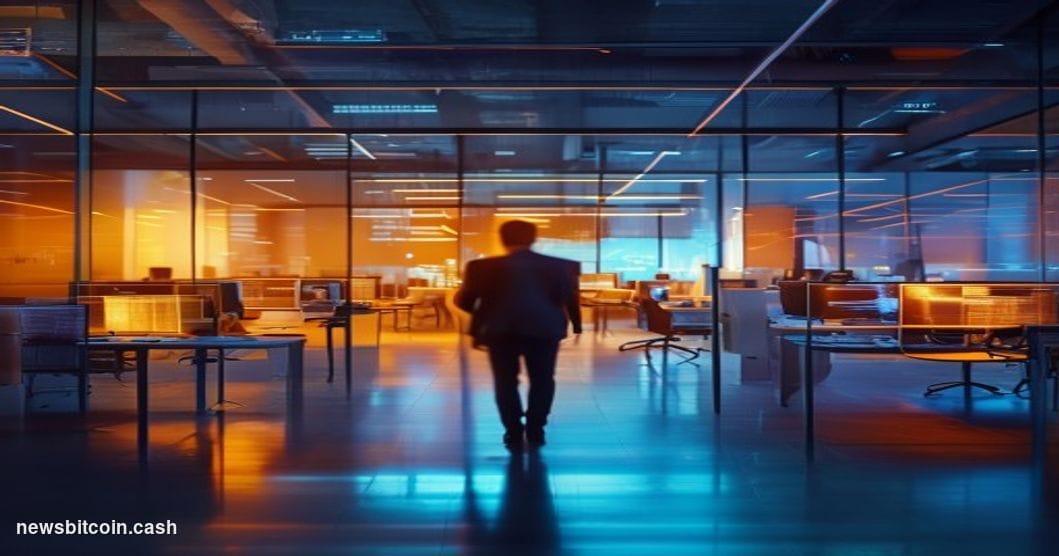 A dramatic cinematic editorial photograph of a modern crypto fintech office in a state of transition — some desks cleared, ot