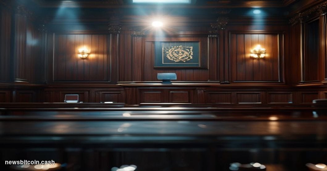 Cinematic photorealistic editorial photograph set inside a dimly lit UK courtroom with dark oak paneling and the Royal Coat o