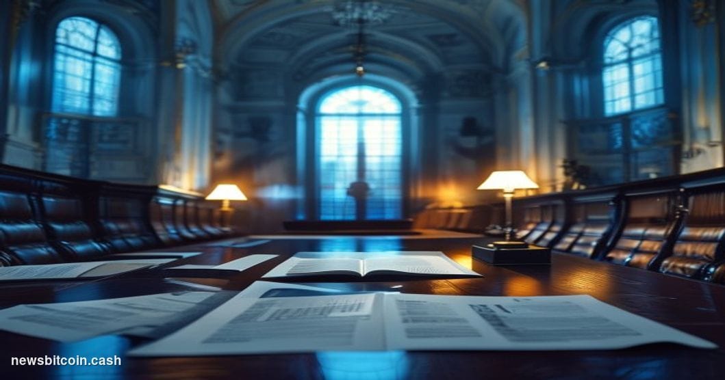 A cinematic photorealistic editorial photograph set inside a high-ceilinged international regulatory chamber, modeled on the 
