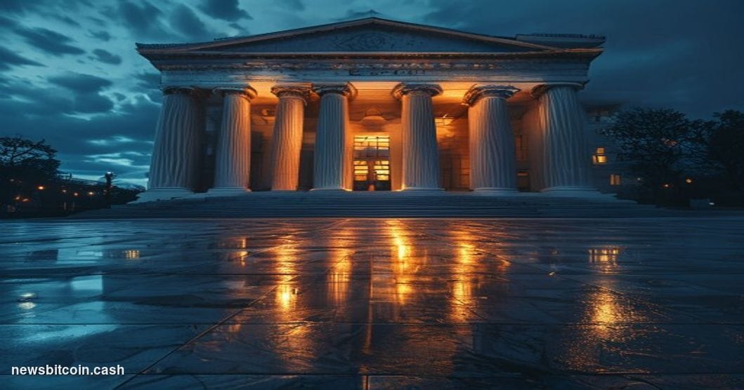 A cinematic photorealistic editorial photograph of the Federal Reserve's Eccles Building in Washington D.C., captured from a 
