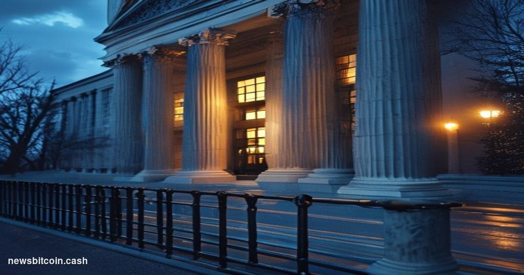 Cinematic photorealistic editorial photograph of the Federal Reserve's Eccles Building in Washington D.C., captured at dusk w