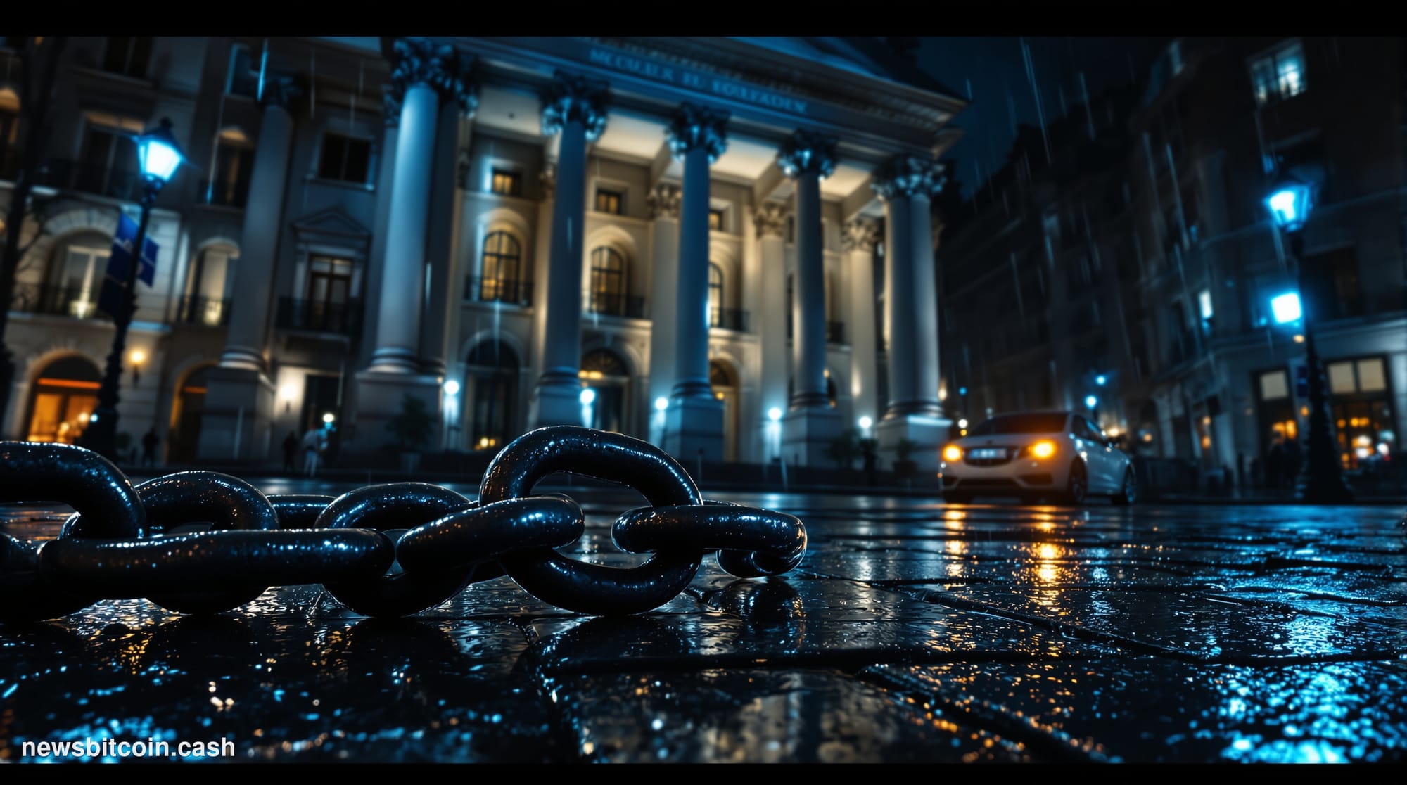 Cinematic photorealistic editorial photograph set on a rain-slicked Parisian street at night, with the imposing neoclassical 