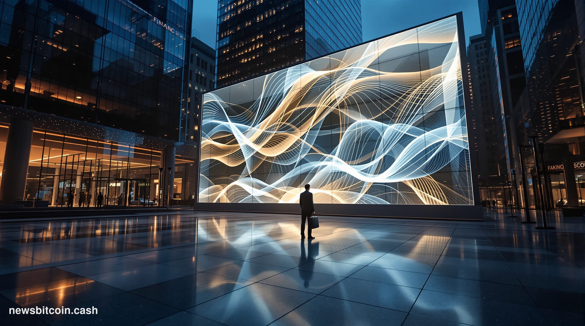 Cinematic photorealistic editorial photograph of a gleaming Wall Street financial district intersection at dusk, with a large
