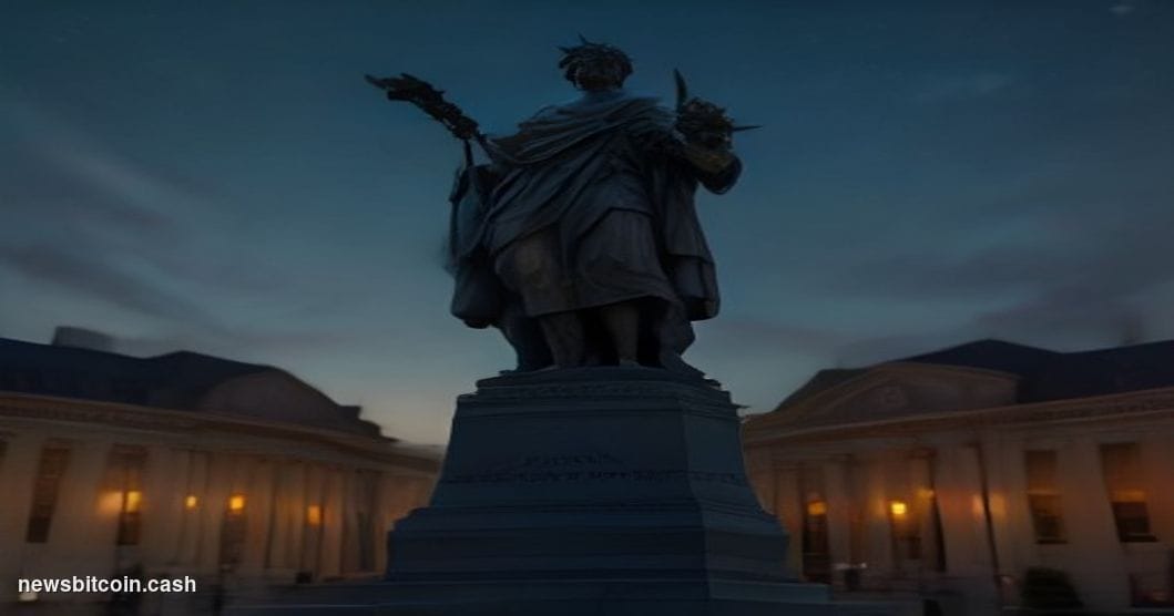 A cinematic photorealistic editorial photograph shot from a low angle looking up at the exterior of a federal courthouse in W