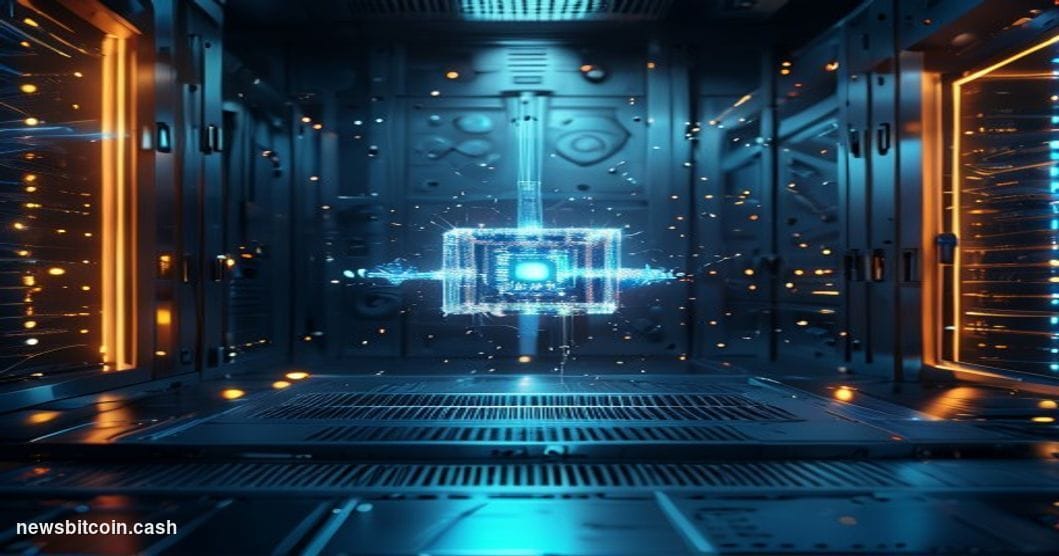Cinematic photorealistic editorial photograph of a glowing quantum computing processor suspended in a dark server environment