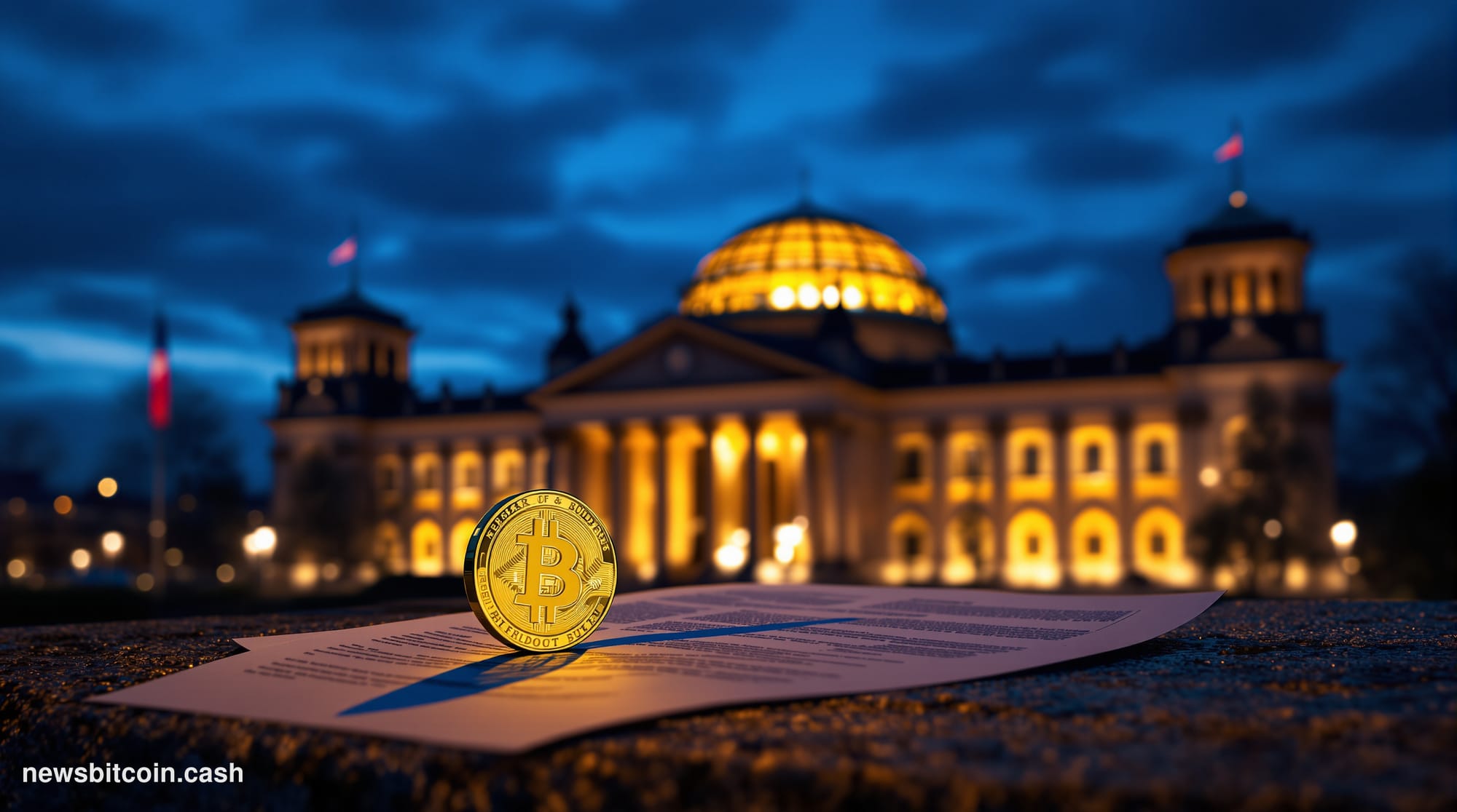 Cinematic photorealistic editorial photograph of the Reichstag building in Berlin at dusk, shot from a low angle looking up a