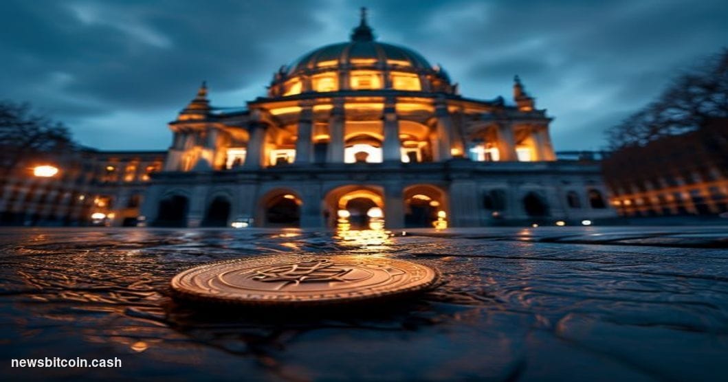 Cinematic photorealistic editorial photograph of the Reichstag building in Berlin at dusk, its iconic glass dome illuminated 