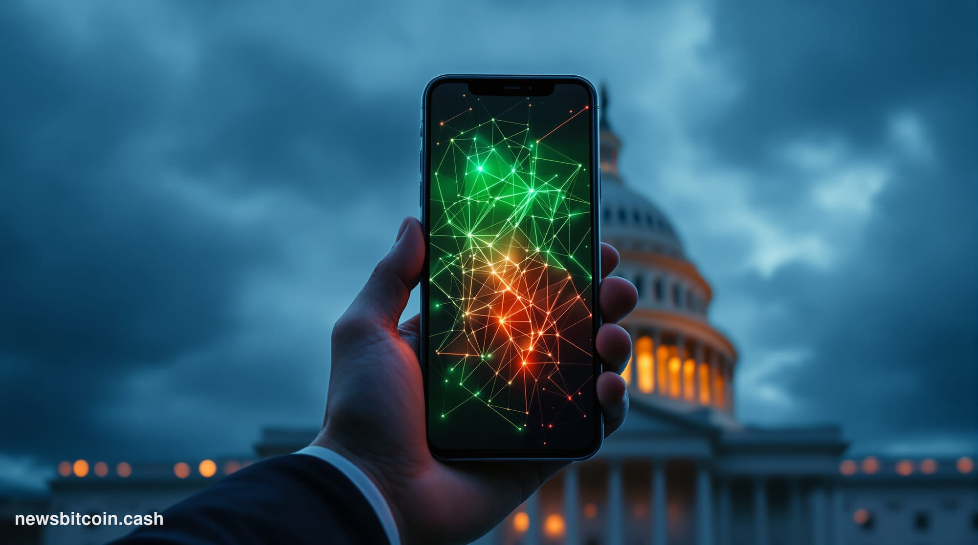 Cinematic photorealistic editorial photograph of the United States Capitol building at dusk, shot from a low angle looking up