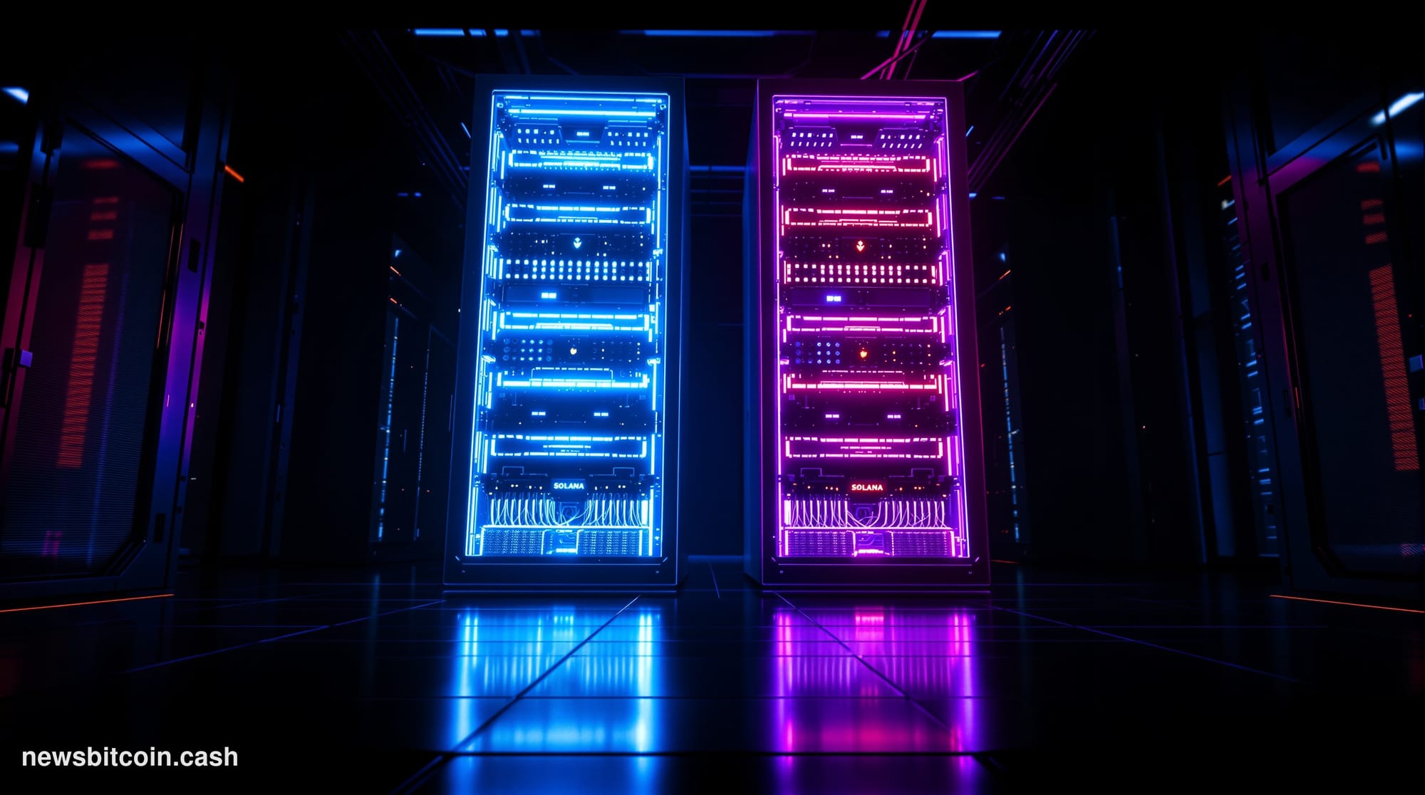 A cinematic photorealistic editorial photograph depicting two towering server racks bathed in contrasting electric-blue and w