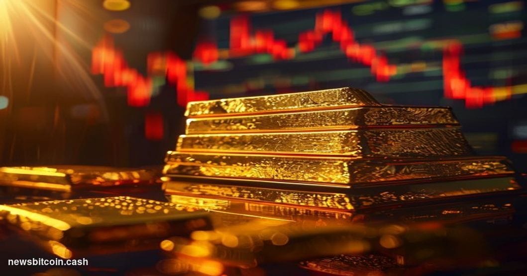 A cinematic photorealistic editorial photograph of a close-up arrangement of gold bullion bars stacked in dramatic foreground