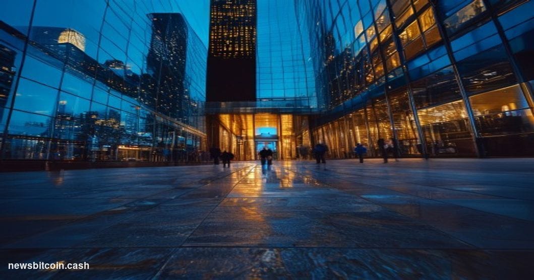 Cinematic photorealistic editorial photograph shot from a low angle at dusk, looking up at the glass and steel facade of Gold