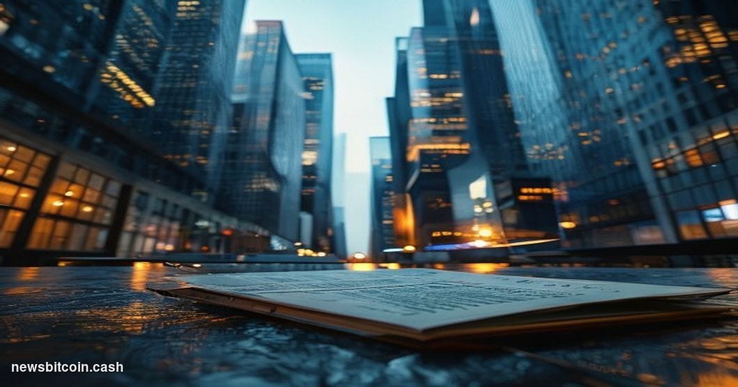 Cinematic photorealistic editorial photograph of a Wall Street financial district scene at dusk, shot from a low angle lookin