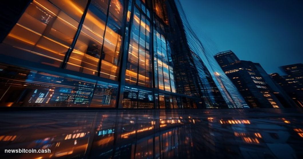 Cinematic photorealistic editorial photograph of a sleek, modern financial district office tower at dusk, shot from a low ang