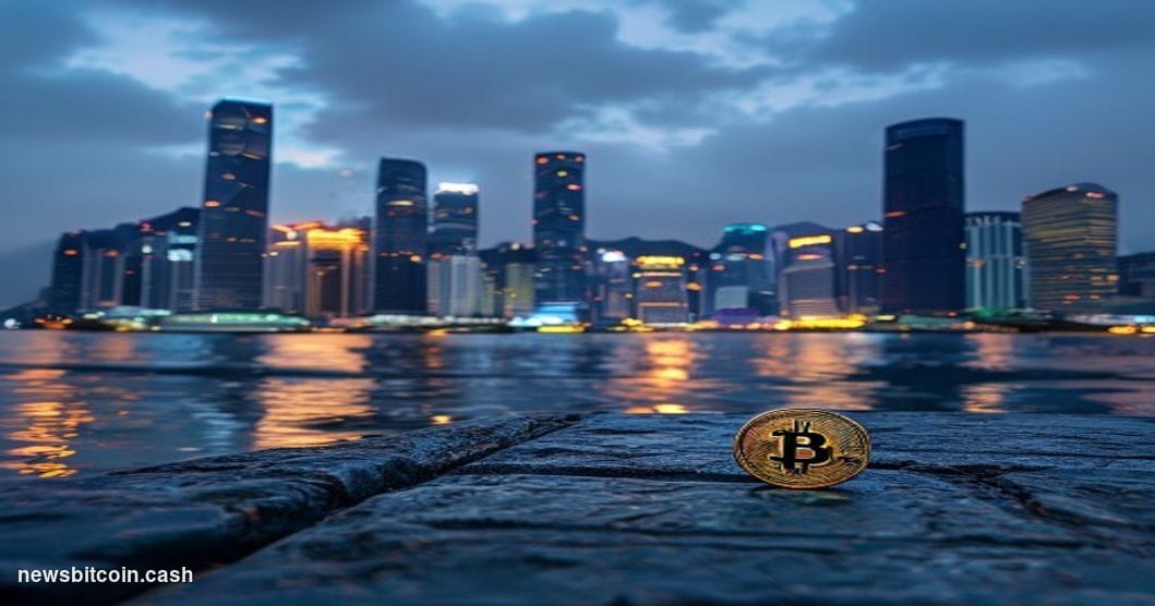 Cinematic photorealistic editorial photograph set at the Hong Kong skyline at dusk, with the distinctive glass-and-steel towe