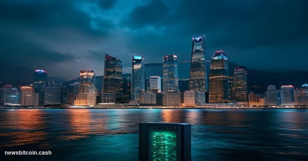 Cinematic photorealistic editorial photograph of Hong Kong's financial district skyline at dusk, dominated by the iconic glas