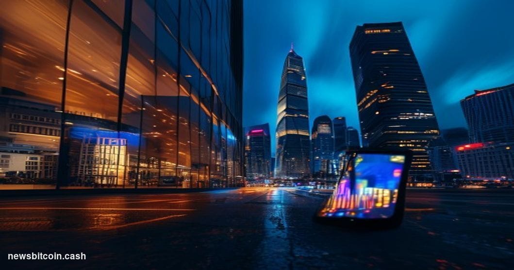 Cinematic photorealistic editorial photograph of Hong Kong's financial district skyline at dusk, shot from street level looki