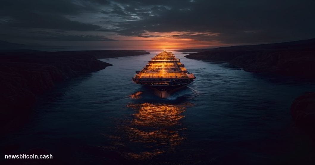 Cinematic photorealistic editorial photograph of a massive oil tanker navigating through a narrow, strategically critical str