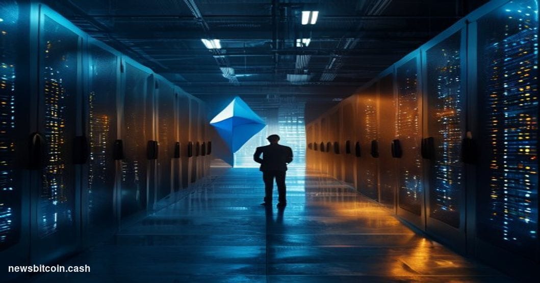 A cinematic photorealistic editorial photograph depicting two massive server infrastructure installations side by side in a d