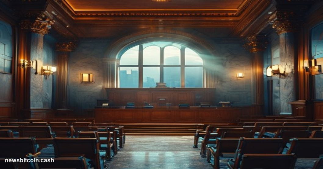 Cinematic photorealistic editorial photograph of a grand New York City federal hearing room or government building interior, 