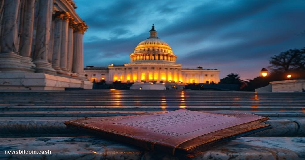 Cinematic photorealistic editorial photograph of the United States Capitol building at dusk, viewed from a low angle along th