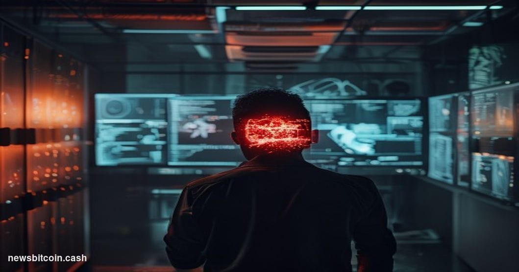 Cinematic photorealistic editorial photograph of a dimly lit cybersecurity operations center at night, with a large central m