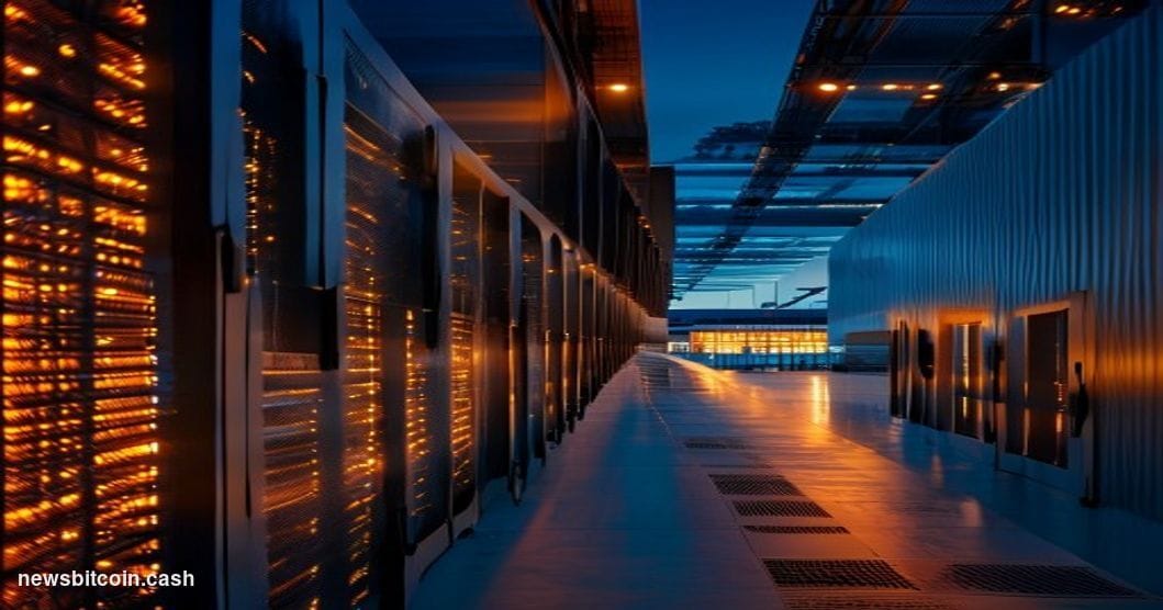 Cinematic photorealistic editorial photograph of a large-scale data center facility at dusk, shot from a low wide-angle persp