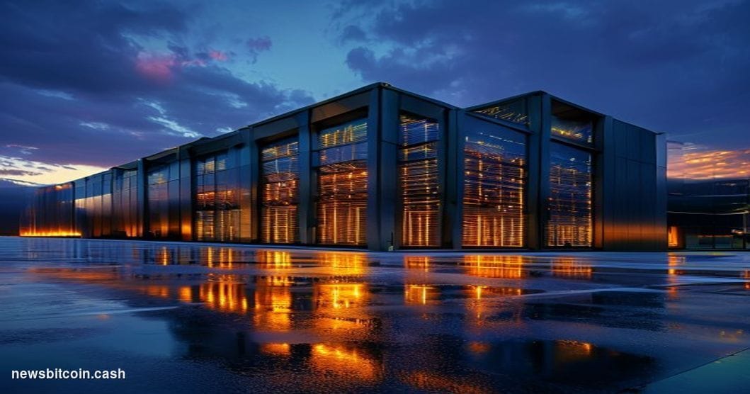 Cinematic photorealistic editorial photograph of a large-scale data center facility under dramatic dusk lighting, with rows o