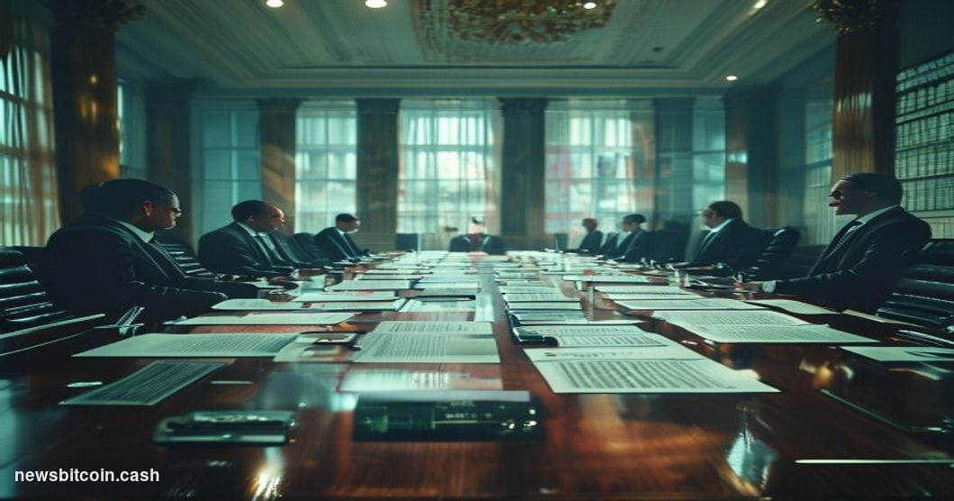 A cinematic photorealistic editorial photograph set inside a formal Washington D.C. government conference room, shot from a l