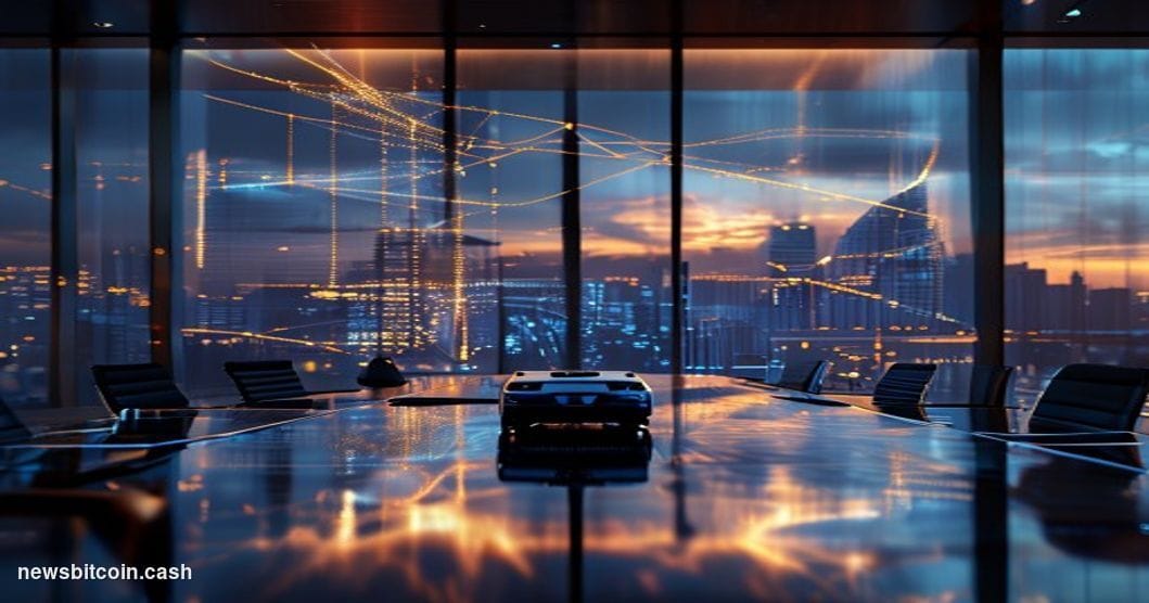 Cinematic photorealistic editorial photograph of a sleek corporate boardroom overlooking a dramatic panoramic window at dusk,