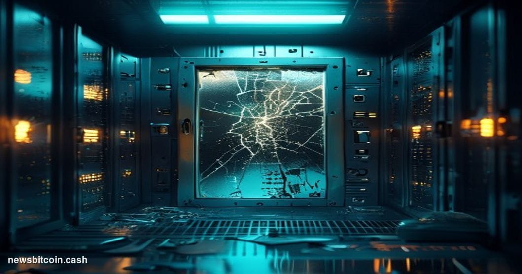 A cinematic photorealistic editorial photograph of a cracked digital vault door, rendered as a physical steel safe embedded i