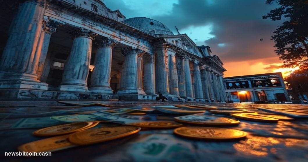 Cinematic photorealistic editorial photograph of the Reserve Bank of India headquarters in Mumbai — a grand colonial-era ston