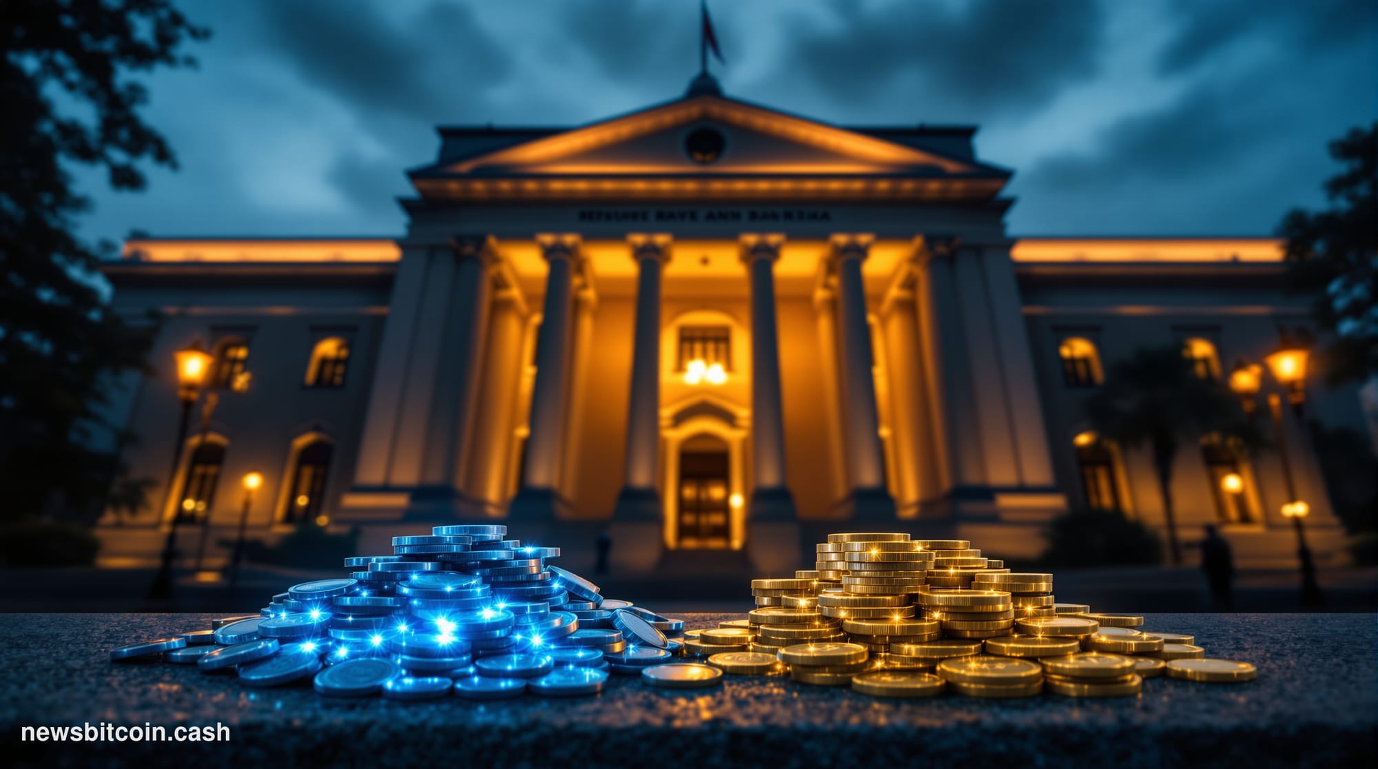 A cinematic photorealistic editorial photograph of the Reserve Bank of India's iconic Mumbai headquarters — the grand colonia