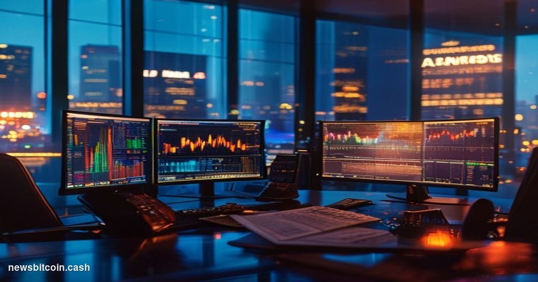 Cinematic photorealistic editorial photograph of a Bitcoin trader's workstation bathed in deep amber and blue light, multiple