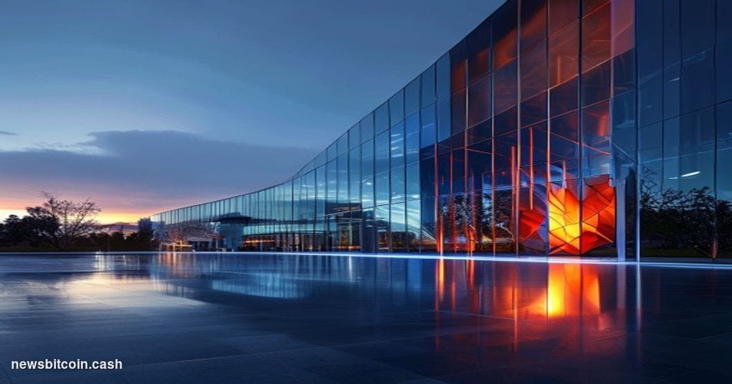 Cinematic photorealistic editorial photograph of Intel's Santa Clara, California headquarters campus at dusk, the iconic blue