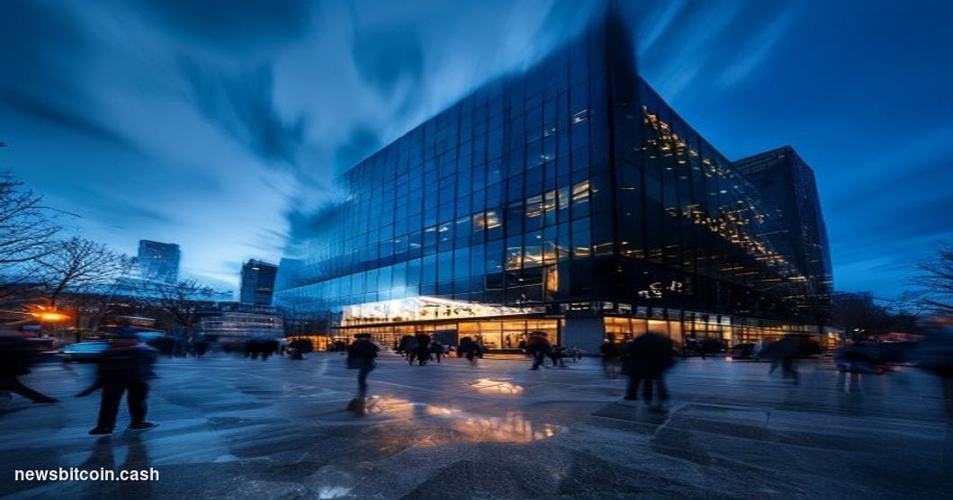 Cinematic photorealistic editorial photograph of the Interactive Brokers headquarters building exterior in Greenwich, Connect