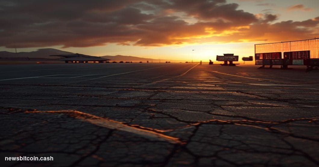 Cinematic photorealistic editorial photograph shot at dusk from a low angle, looking across a vast desert airfield tarmac in 