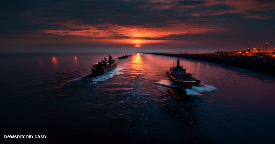 Cinematic photorealistic editorial photograph of the Strait of Hormuz at dusk, shot from a low aerial angle looking westward 
