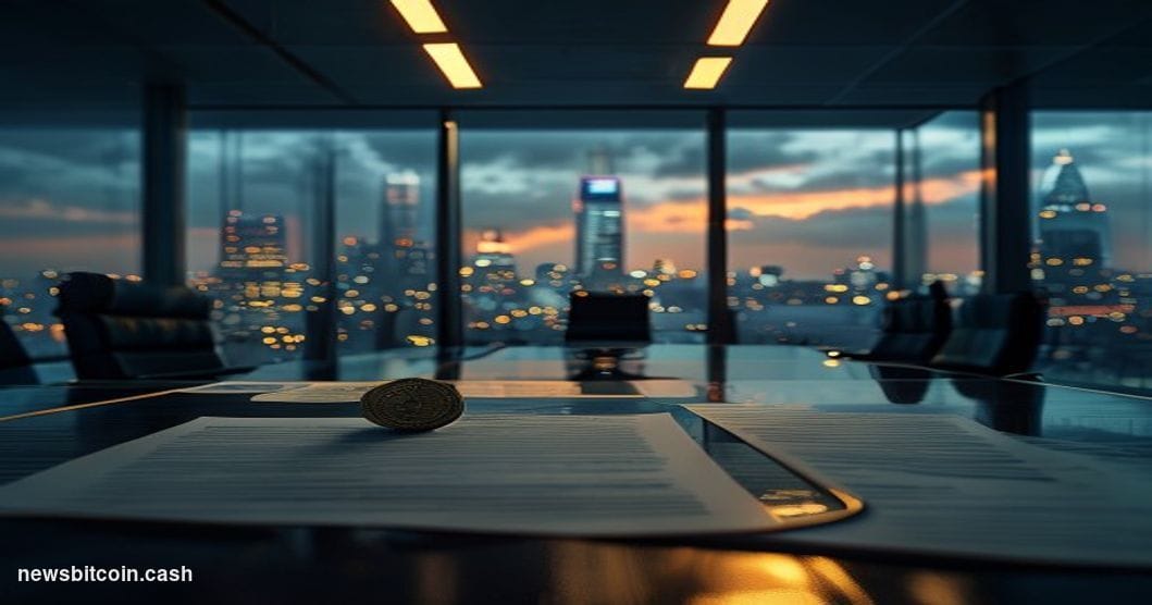 Cinematic photorealistic editorial photograph of a cracked and dimly lit corporate boardroom table bearing a placard reading 