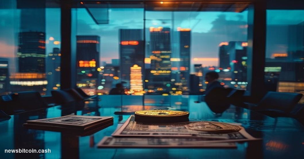 Cinematic photorealistic editorial photograph of a sleek, modern Japanese financial district office interior at dusk, with fl