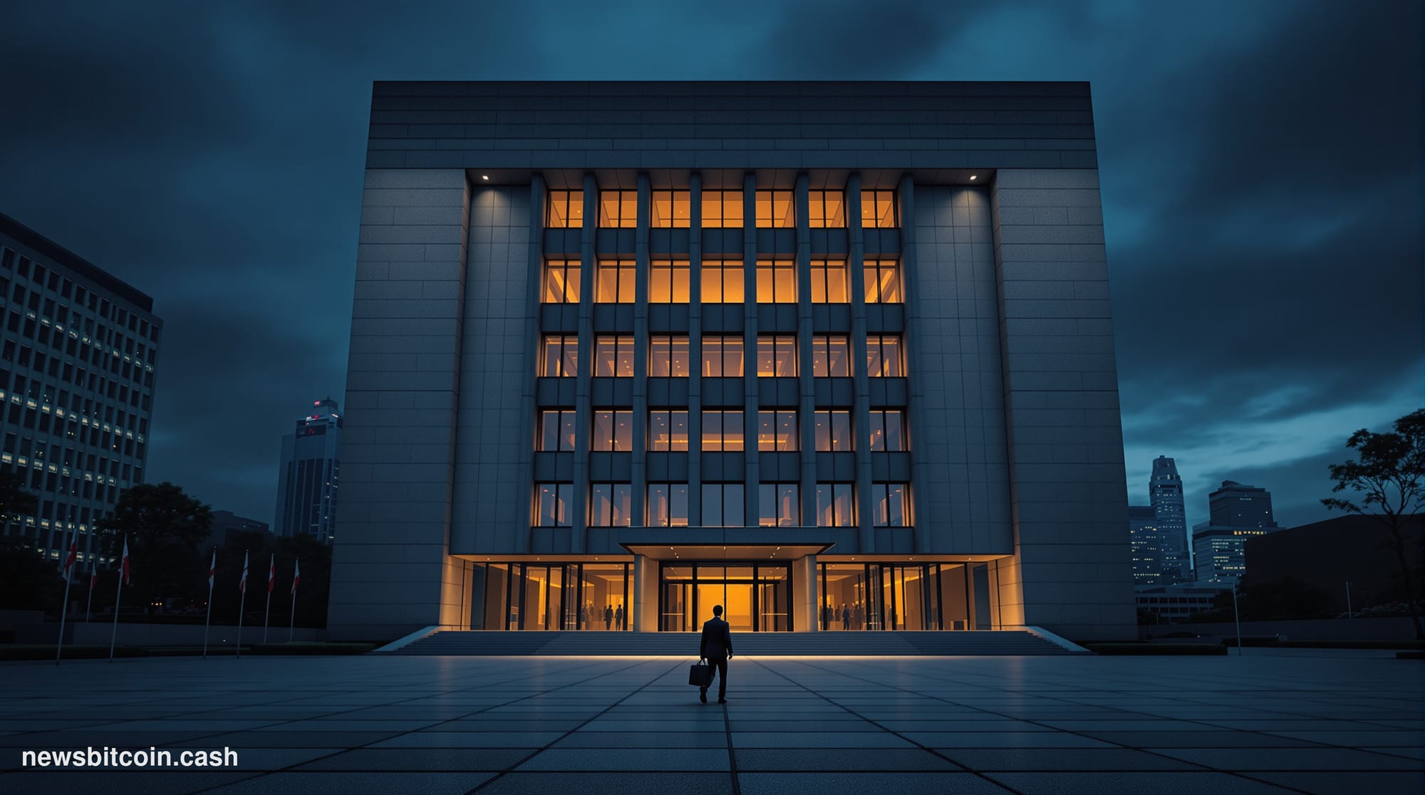 Cinematic photorealistic editorial photograph of the Japanese Financial Services Agency headquarters building in Tokyo's Kasu