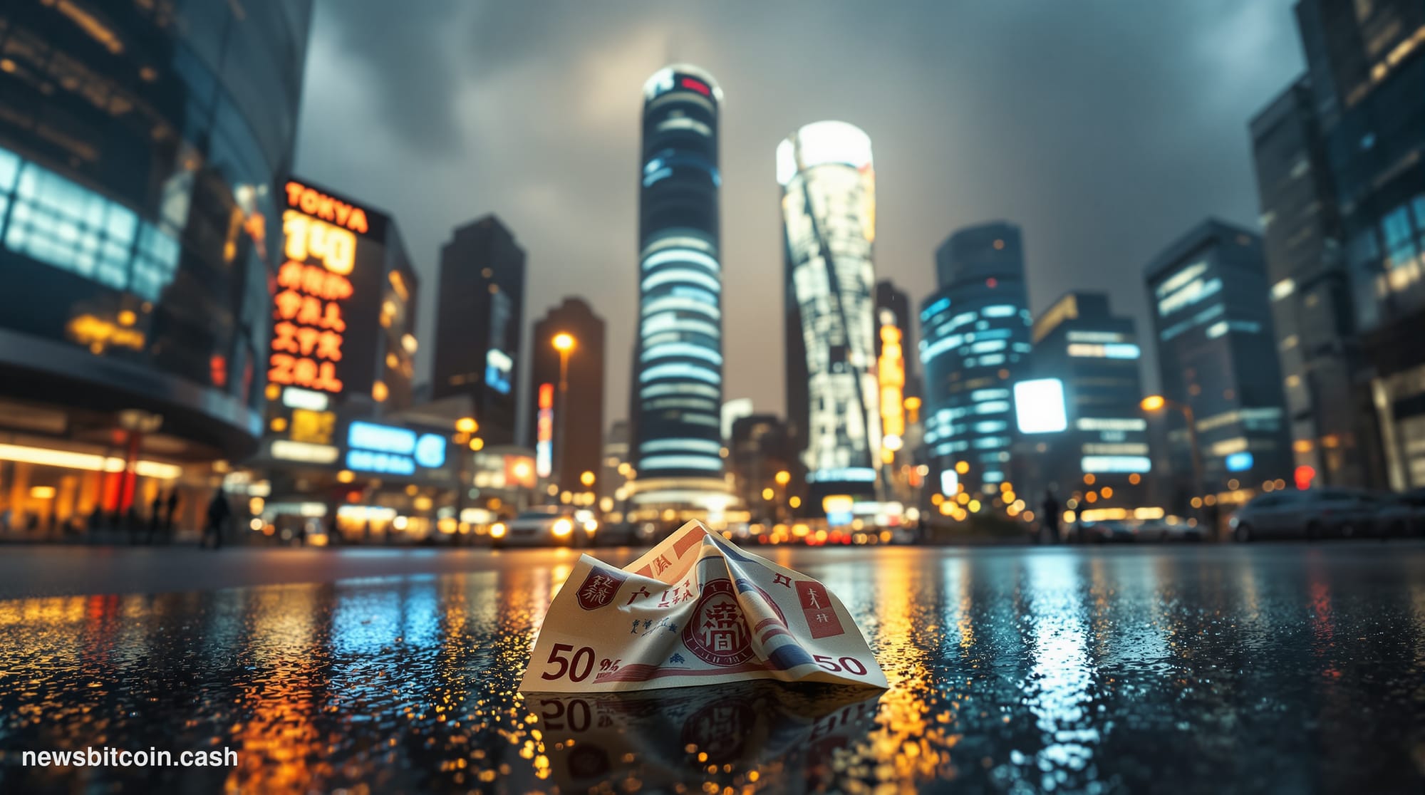 Cinematic photorealistic editorial photograph of the Tokyo financial district at dusk, featuring the distinctive silhouette o