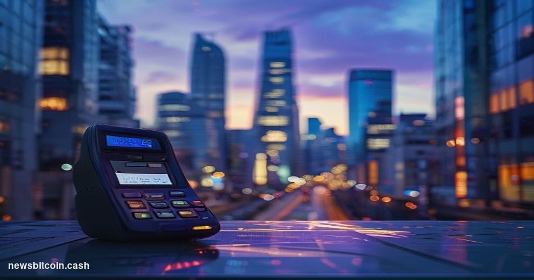 Cinematic photorealistic editorial photograph of a sleek Tokyo financial district street at dusk, with the distinctive neon-l