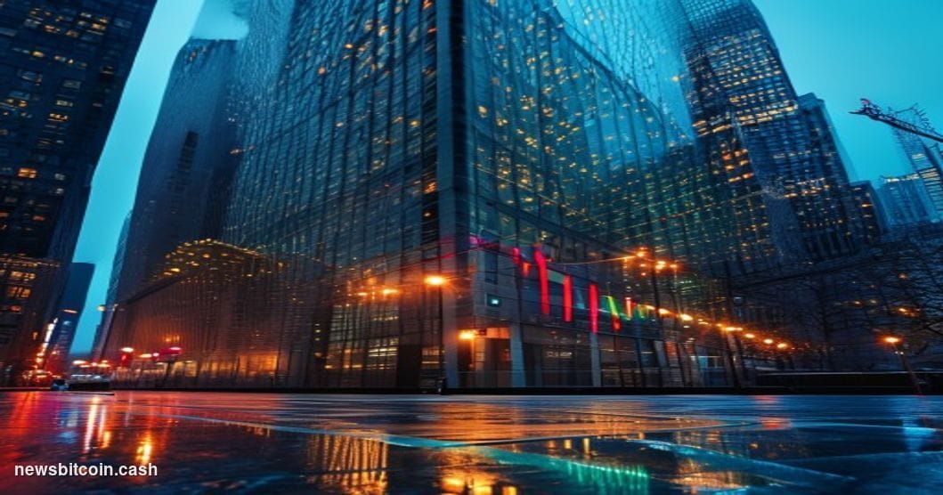 Cinematic photorealistic editorial photograph of JPMorgan's iconic Manhattan headquarters on Park Avenue at dusk, shot from a