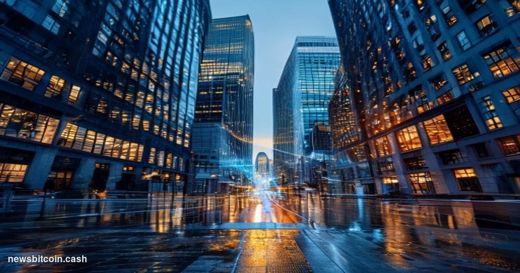 Cinematic photorealistic editorial photograph of a grand banking district at dusk, with the imposing glass-and-steel facades 