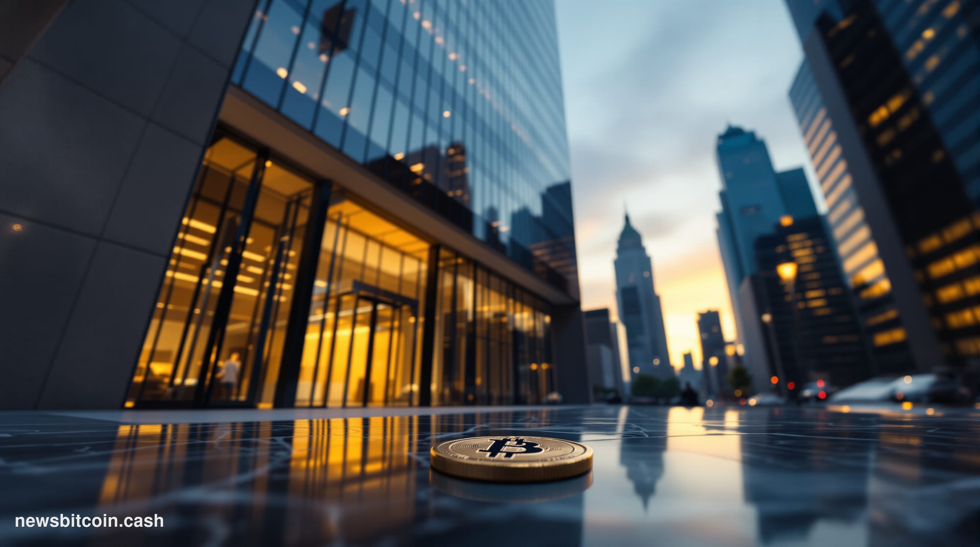 Cinematic photorealistic editorial photograph of JPMorgan's Manhattan headquarters tower at dusk, shot from a low angle looki