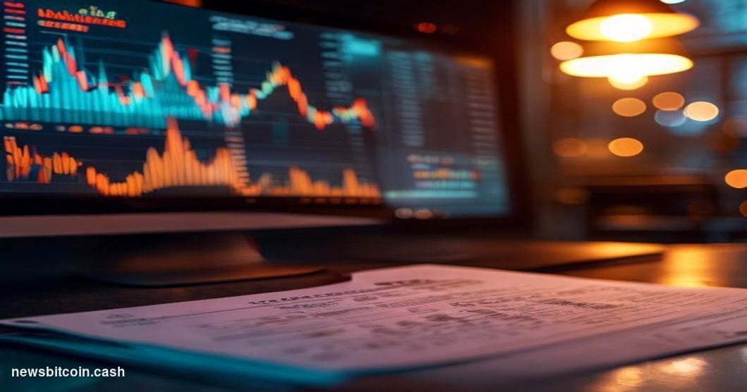 Cinematic photorealistic editorial photograph of a close-up trading terminal screen displaying Bitcoin price charts spiking u