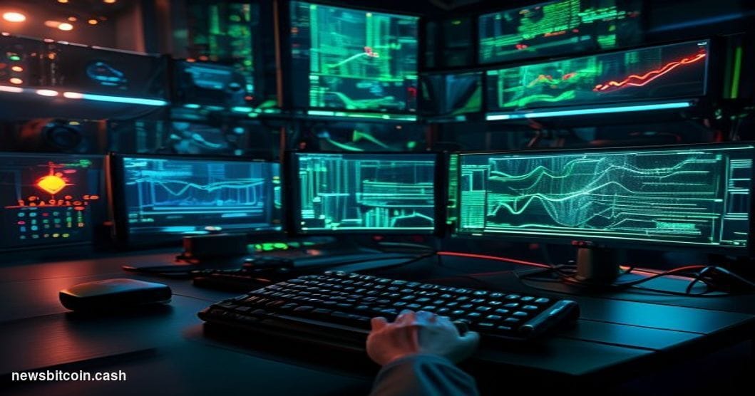 A cinematic photorealistic editorial photograph set in a dimly lit cybersecurity operations center, with multiple curved moni