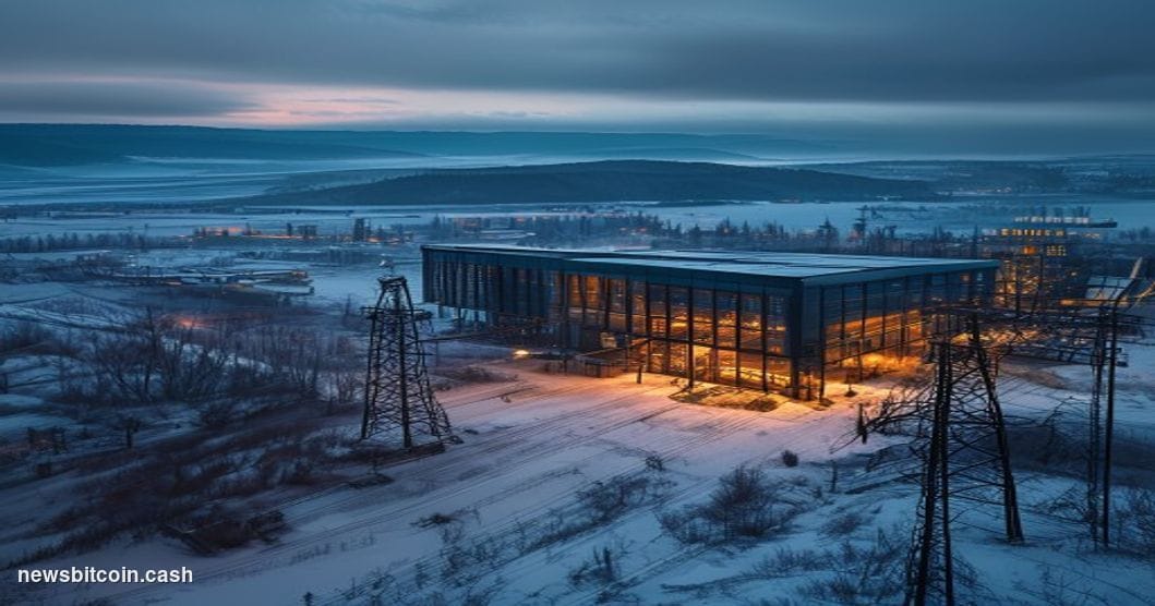 Cinematic photorealistic editorial photograph of a vast industrial data center campus under construction in a snow-dusted Qué